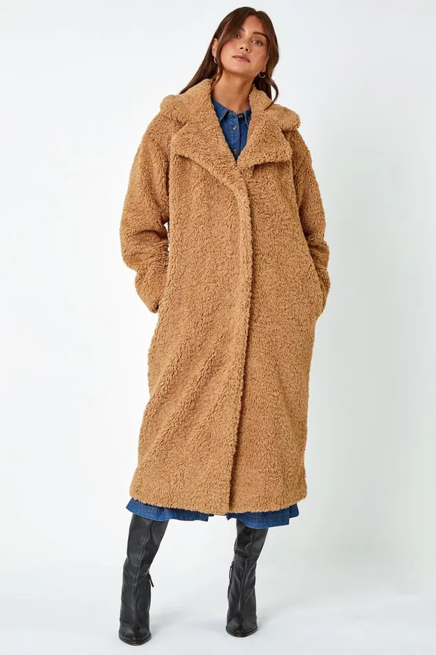 Women Camel Longline Faux Fur Teddy Borg Coat Roman Coats
