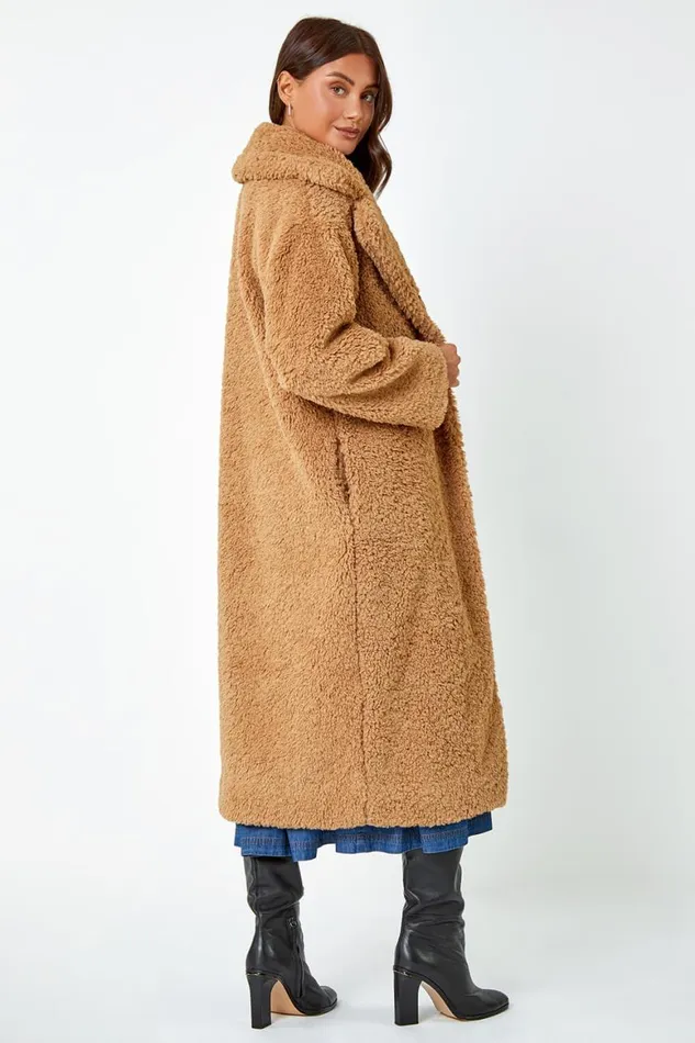 Women Camel Longline Faux Fur Teddy Borg Coat Roman Coats
