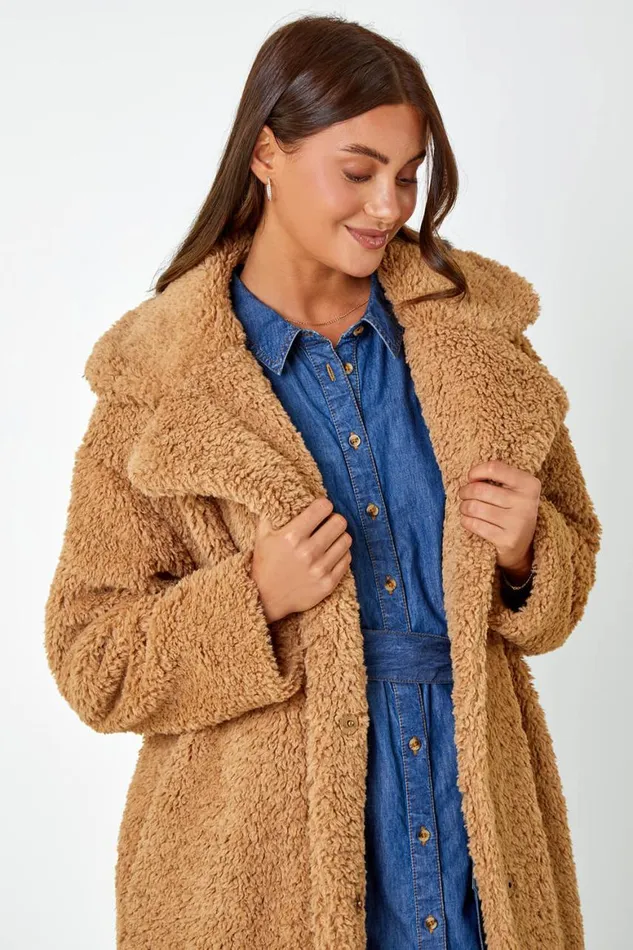 Women Camel Longline Faux Fur Teddy Borg Coat Roman Coats