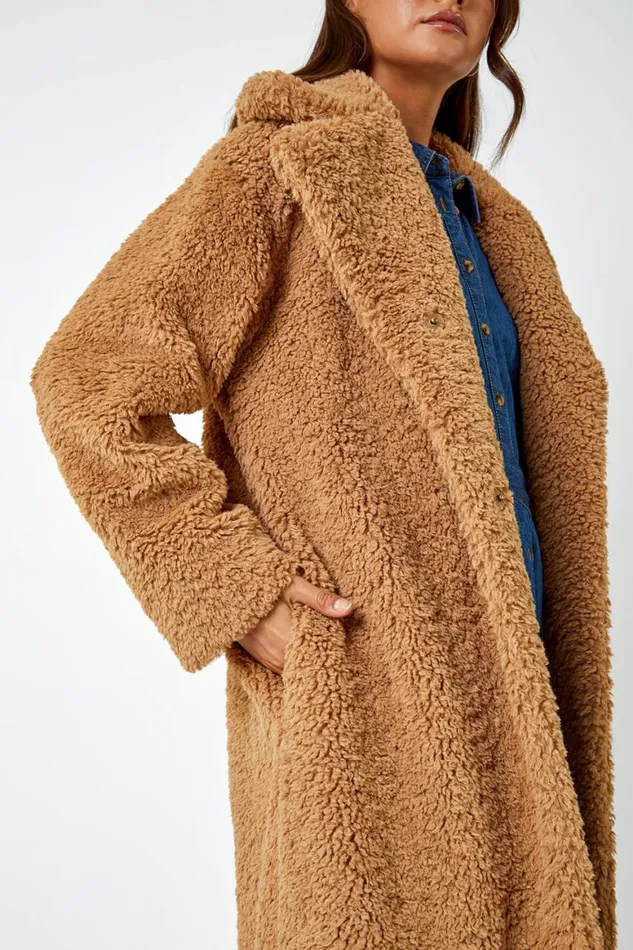 Women Camel Longline Faux Fur Teddy Borg Coat Roman Coats