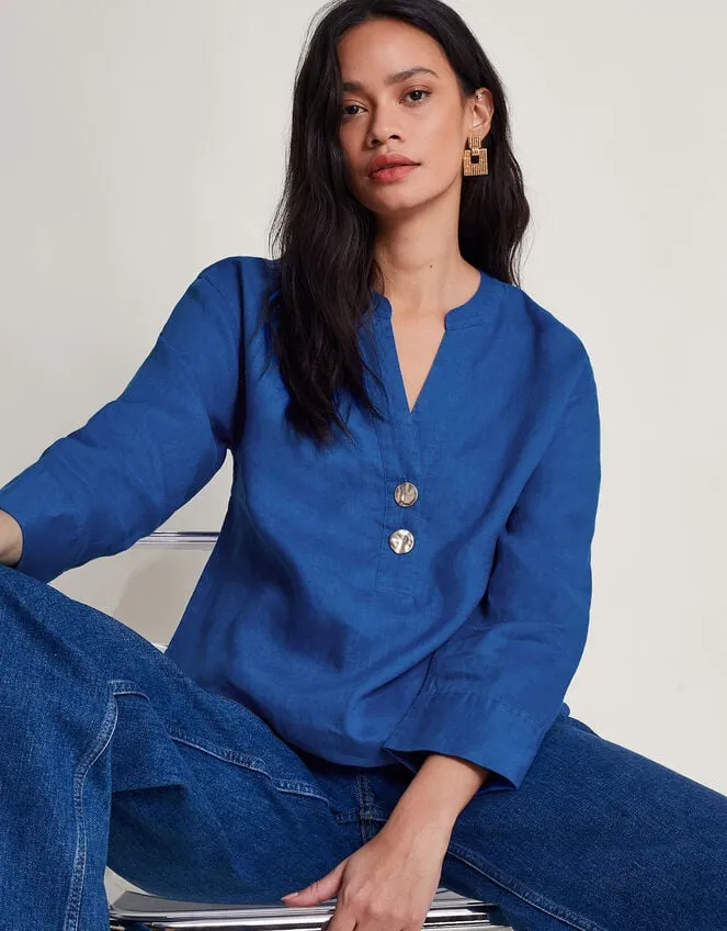 Women Camille Button Linen Top Blue Monsoon Linen