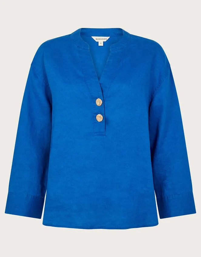 Women Camille Button Linen Top Blue Monsoon Linen