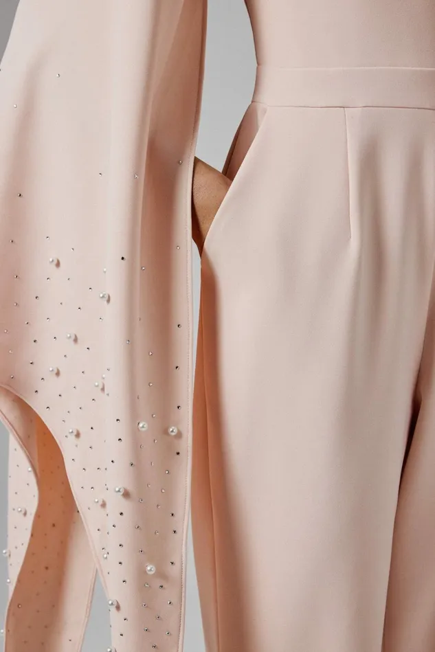 Women Cape Dresses Lavish Alice KADY Ombre Embellished One Shoulder Jumpsuit In Blush Pink Light Pink