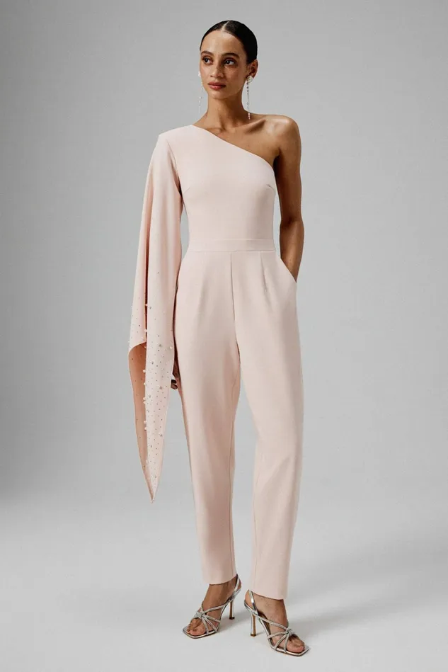 Women Cape Dresses Lavish Alice KADY Ombre Embellished One Shoulder Jumpsuit In Blush Pink Light Pink