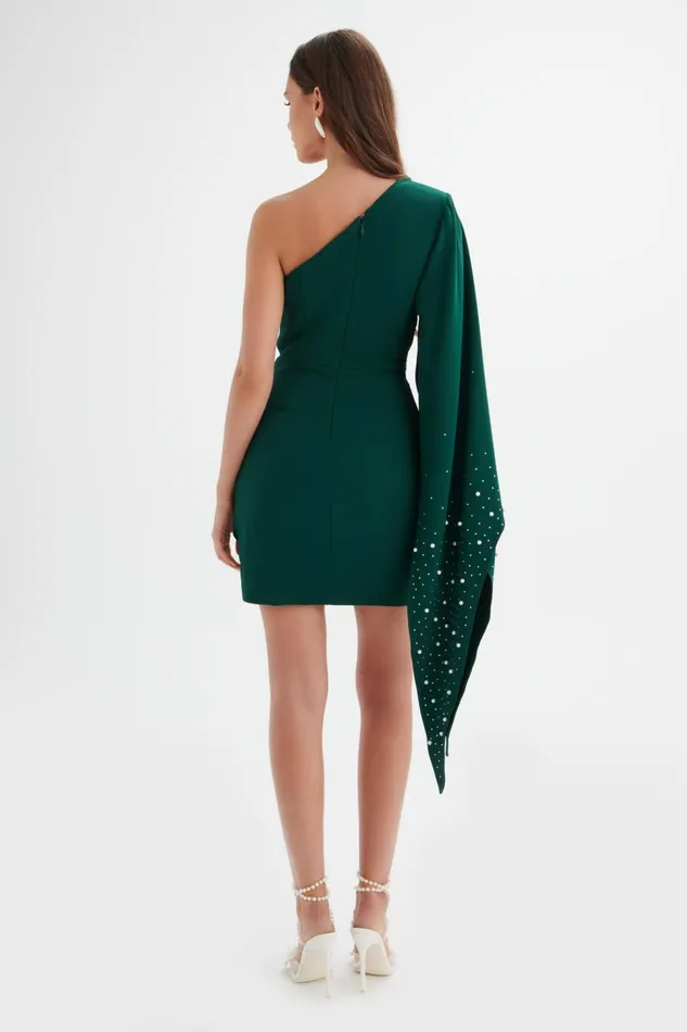 Women Cape Dresses Lavish Alice REMI One Shoulder Embellished Cape Mini Dress In Emerald Green Emerald Green