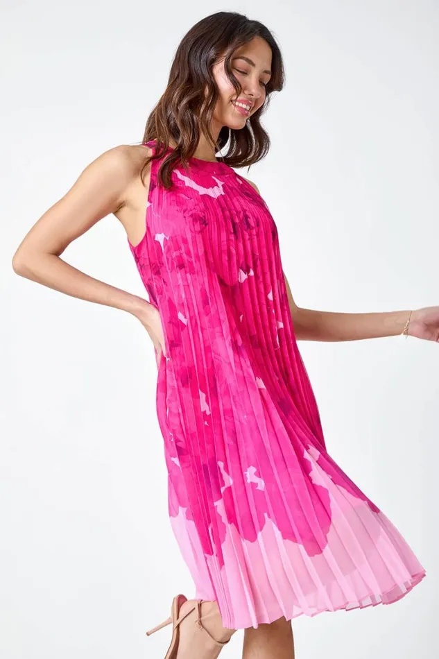 Women Cerise Floral Halter Neck Pleated Chiffon Swing Dress Roman Dresses