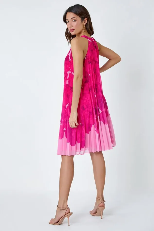 Women Cerise Floral Halter Neck Pleated Chiffon Swing Dress Roman Dresses