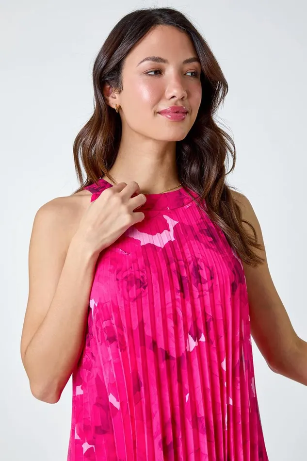 Women Cerise Floral Halter Neck Pleated Chiffon Swing Dress Roman Dresses