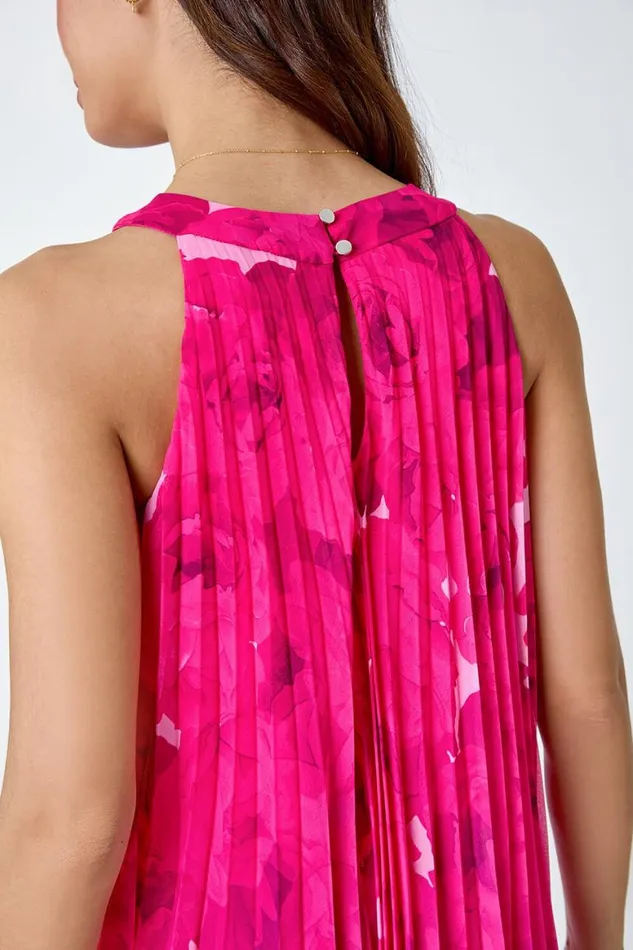 Women Cerise Floral Halter Neck Pleated Chiffon Swing Dress Roman Dresses