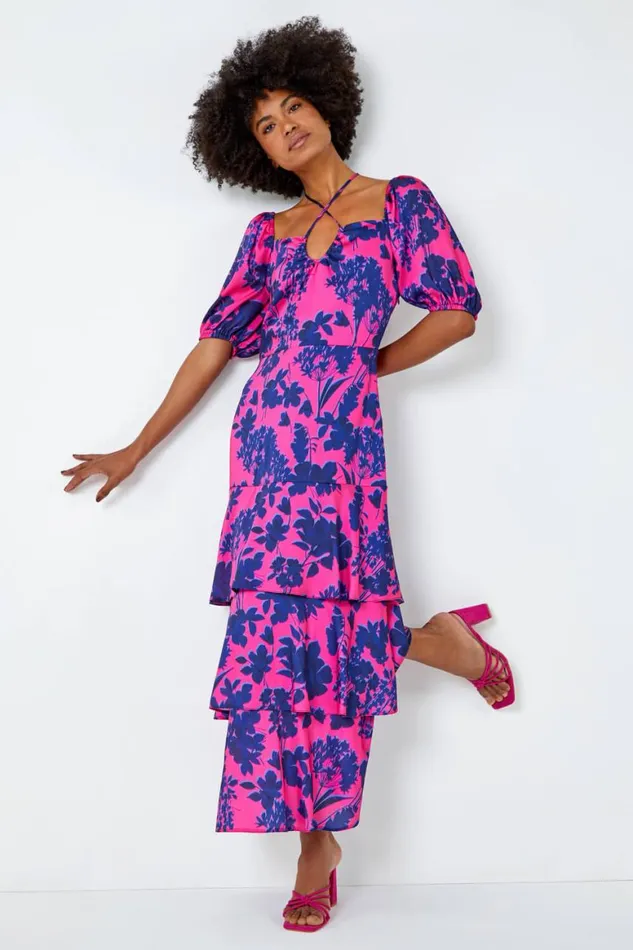 Women Cerise Floral Puff Sleeve Tiered Maxi Dress Roman Dresses