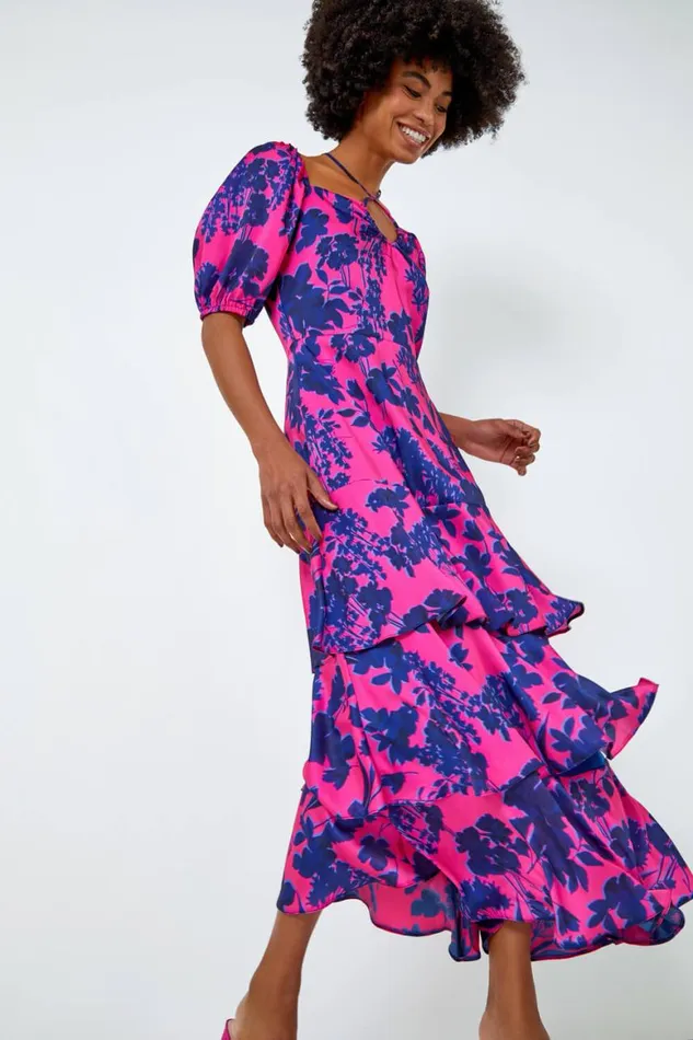Women Cerise Floral Puff Sleeve Tiered Maxi Dress Roman Dresses