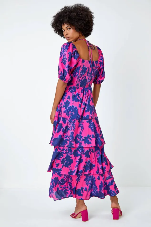 Women Cerise Floral Puff Sleeve Tiered Maxi Dress Roman Dresses