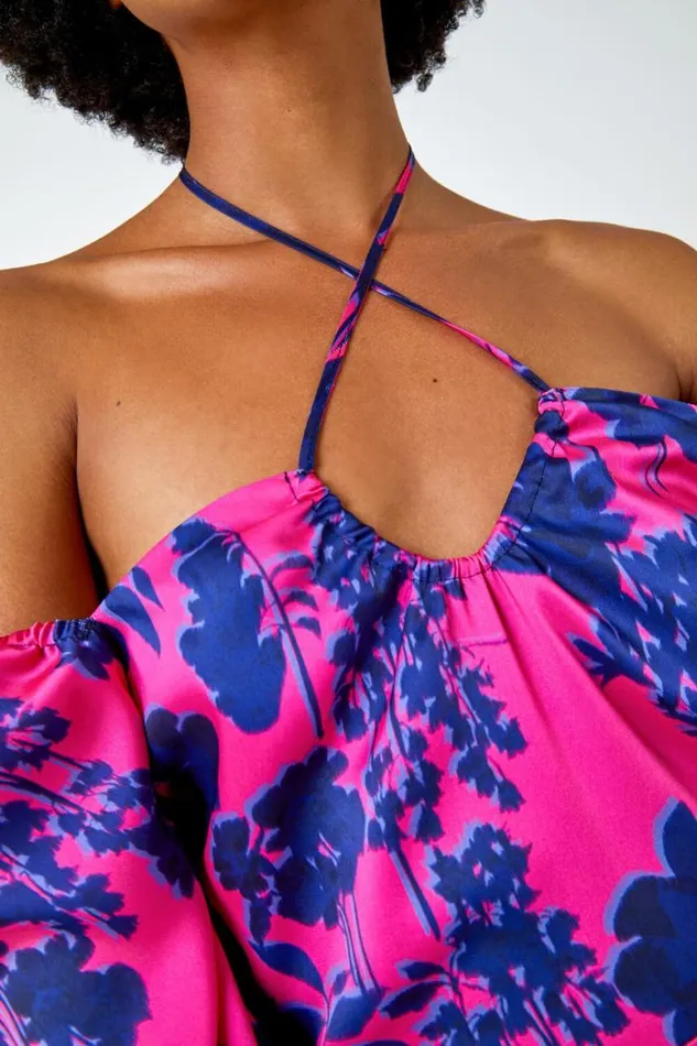 Women Cerise Floral Puff Sleeve Tiered Maxi Dress Roman Dresses