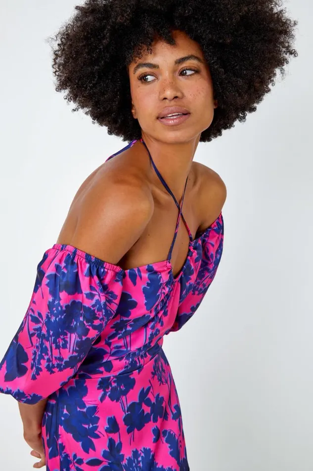 Women Cerise Floral Puff Sleeve Tiered Maxi Dress Roman Dresses