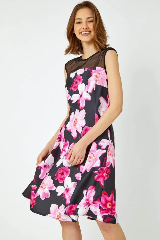 Women Cerise Premium Stretch Floral Mesh Dress Roman Dresses