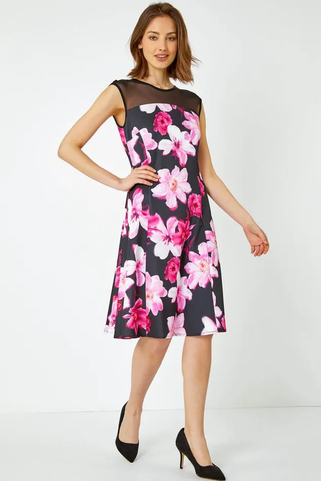Women Cerise Premium Stretch Floral Mesh Dress Roman Dresses
