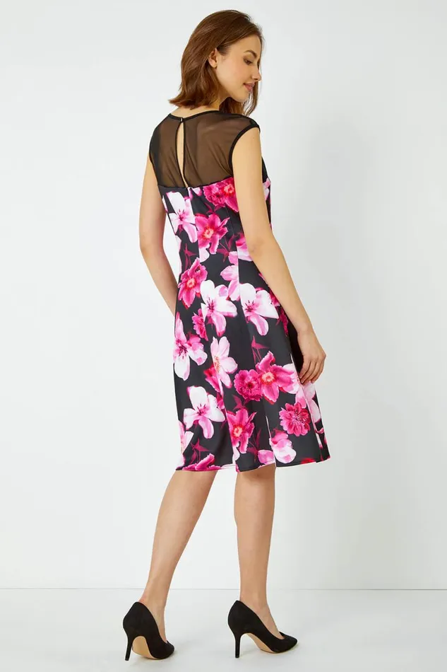 Women Cerise Premium Stretch Floral Mesh Dress Roman Dresses
