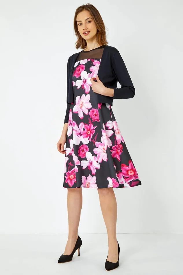 Women Cerise Premium Stretch Floral Mesh Dress Roman Dresses