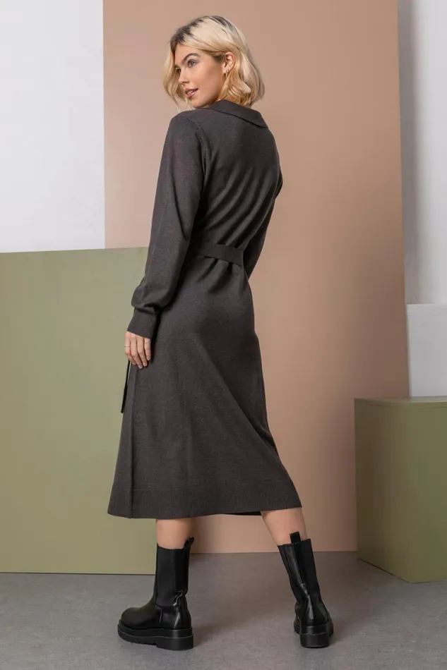 Women Charcoal Collared Belt Detail Knitted Dress Roman Dresses