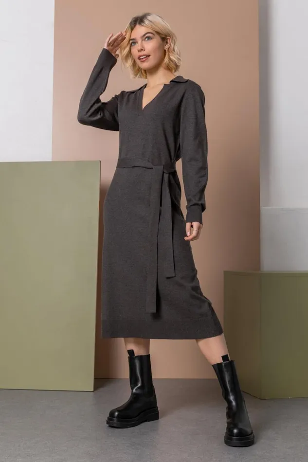 Women Charcoal Collared Belt Detail Knitted Dress Roman Dresses