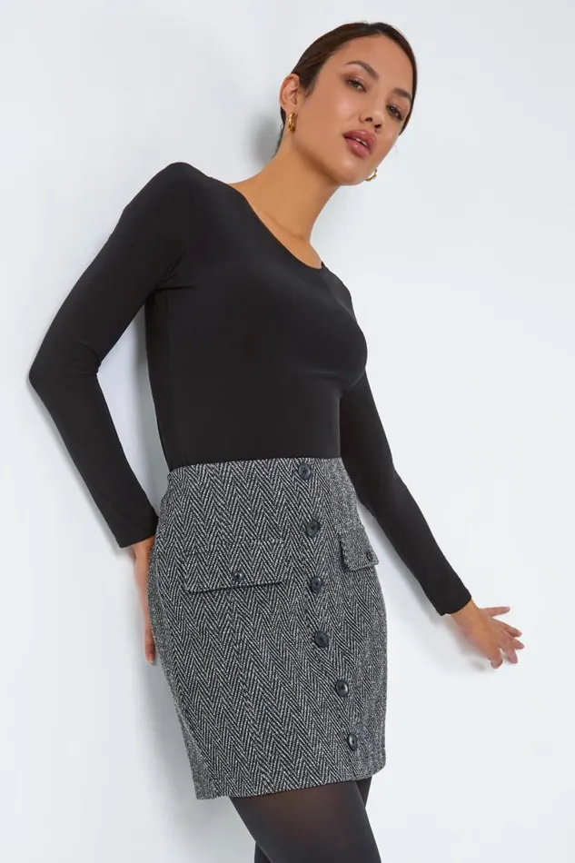 Women Charcoal Tweed Look Button Elastic Waist Stretch Skirt Roman Skirts