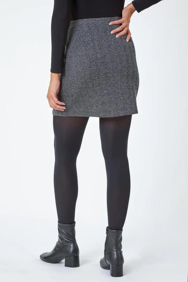 Women Charcoal Tweed Look Button Elastic Waist Stretch Skirt Roman Skirts