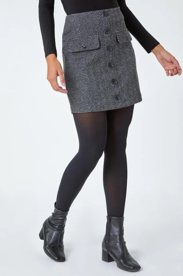 Women Charcoal Tweed Look Button Elastic Waist Stretch Skirt Roman Skirts