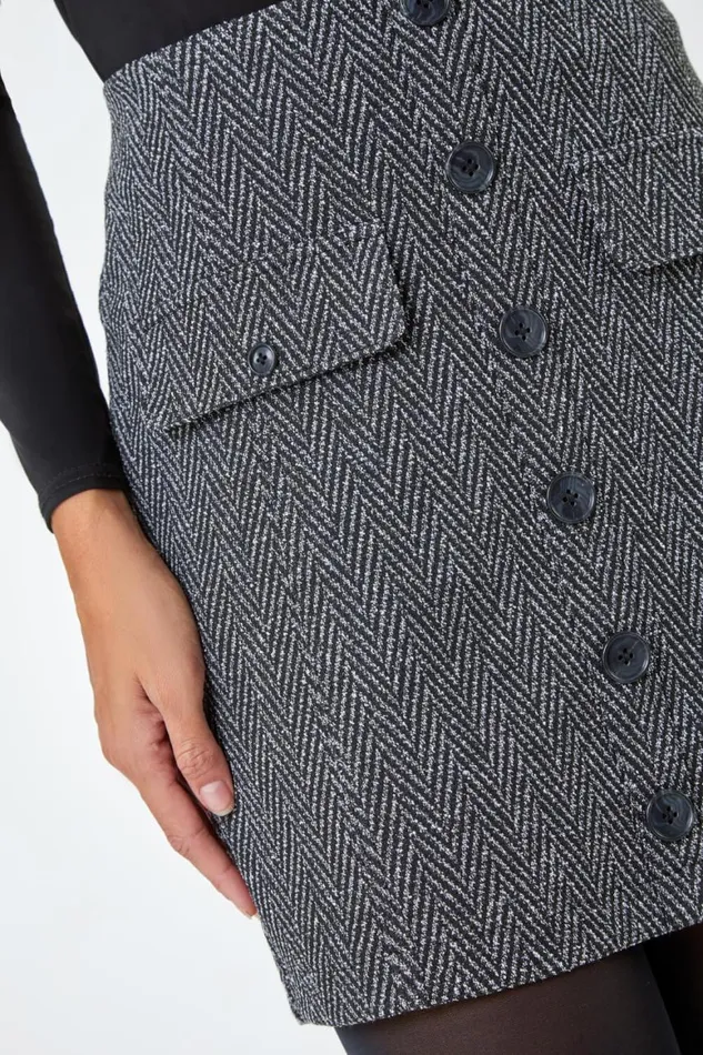 Women Charcoal Tweed Look Button Elastic Waist Stretch Skirt Roman Skirts