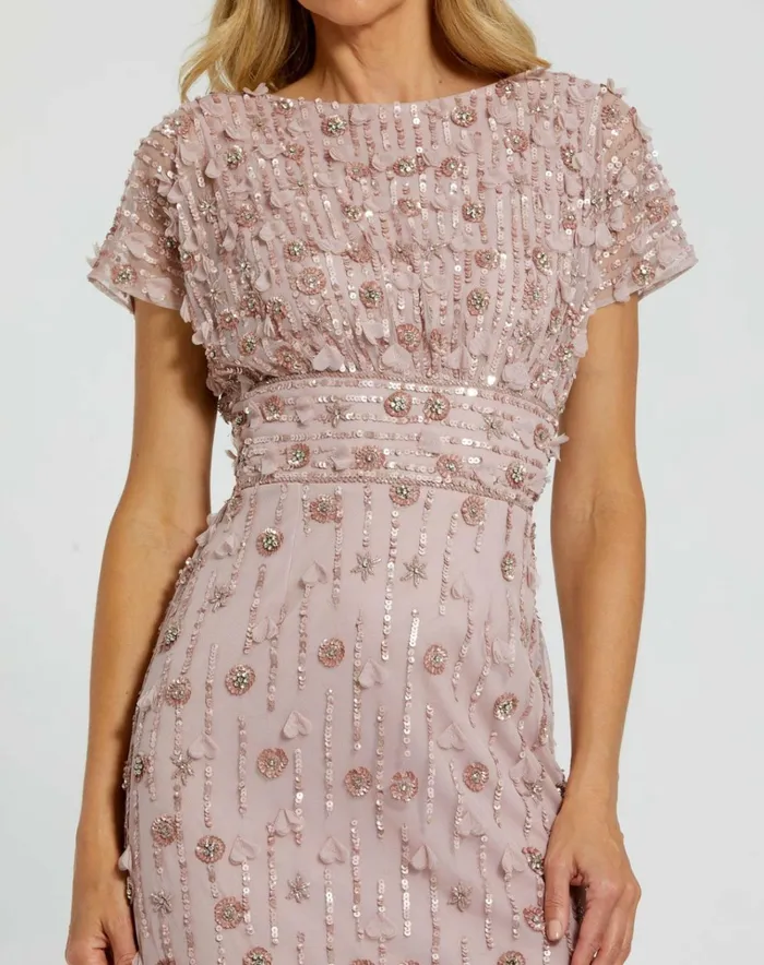 Women Cocktail Dresses Mac Duggal Cap Sleeve Column Midi Dress With Floral Beading Vintage Lilac