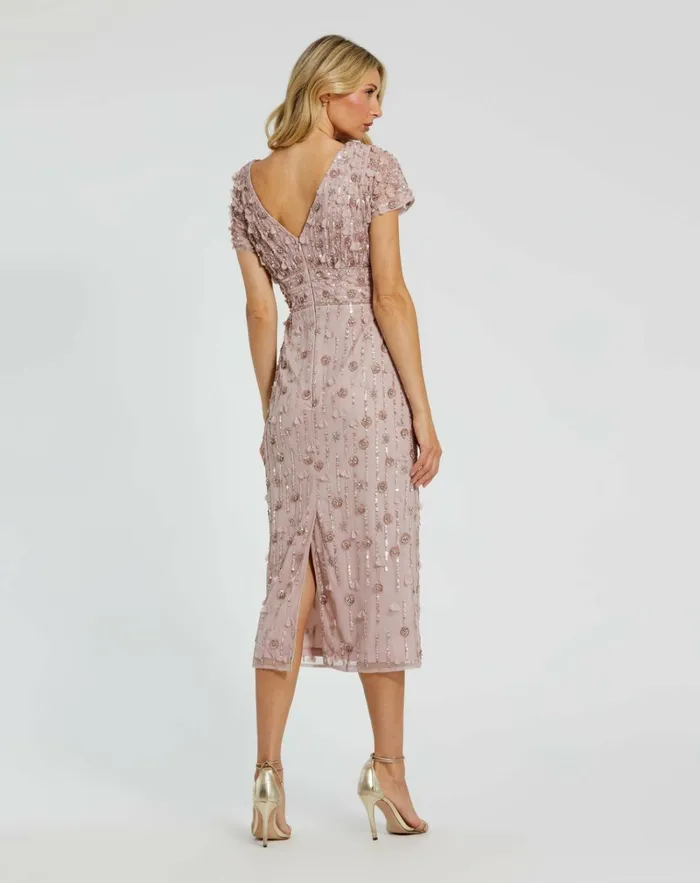 Women Cocktail Dresses Mac Duggal Cap Sleeve Column Midi Dress With Floral Beading Vintage Lilac