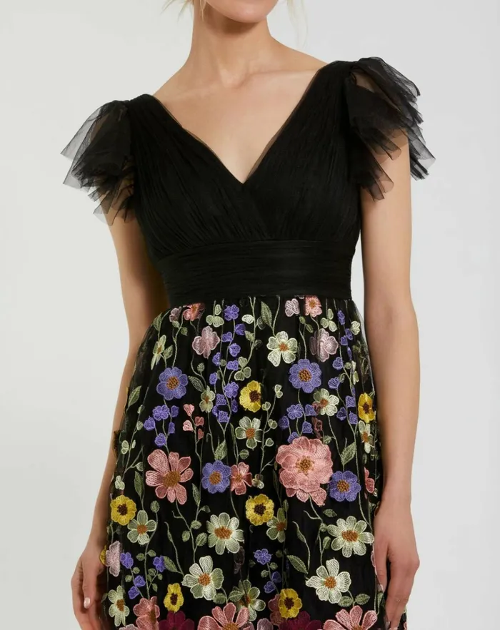 Women Cocktail Dresses Mac Duggal Embroidered Ruched Flutter Sleeve A Line Dress Black Multi