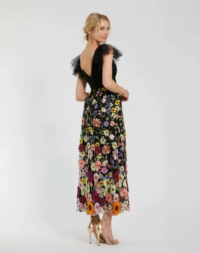 Women Cocktail Dresses Mac Duggal Embroidered Ruched Flutter Sleeve A Line Dress Black Multi