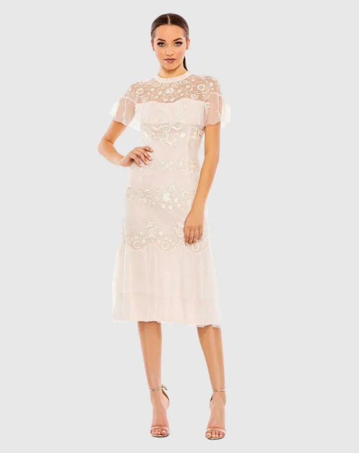 Women Cocktail Dresses Mac Duggal High Neck Mesh Tier Embroidered Dress Blush