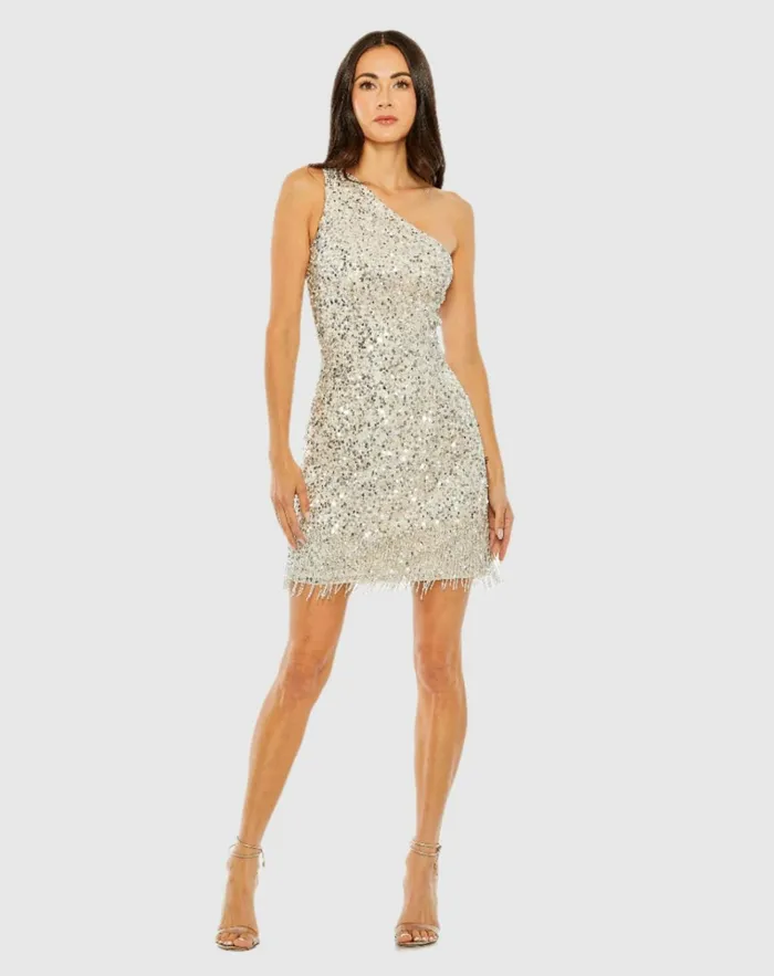 Women Cocktail Dresses Mac Duggal One Shoulder Embellished Fringe Detail Dress Silver Nude Women Cocktail Dresses Mac Duggal One Shoulder Embellished Fringe Detail Dress Silver Nude
