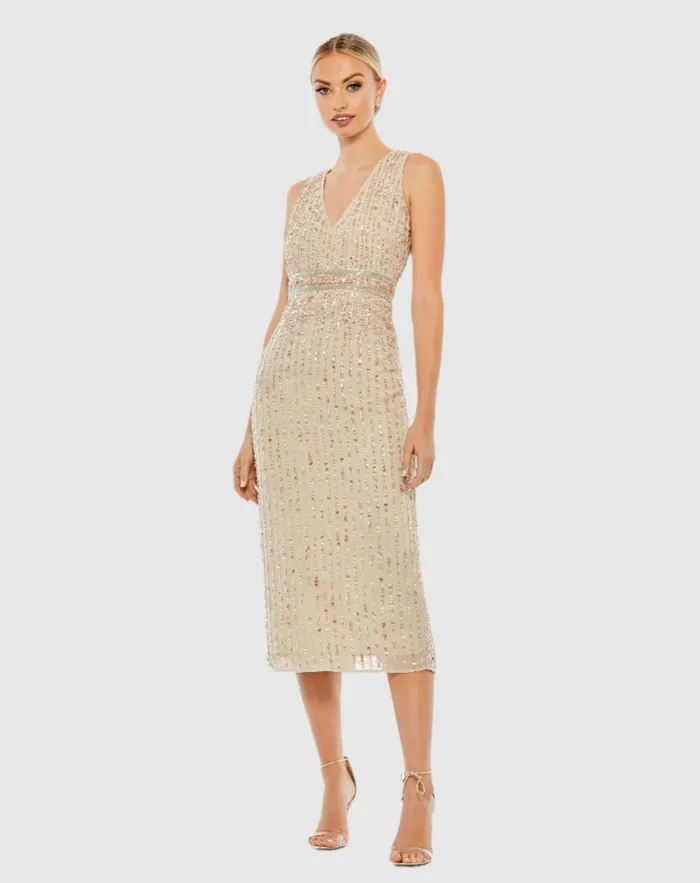 Women Cocktail Dresses Mac Duggal Sequined Sleeveless VNeck Midi Sheath Dress Nude