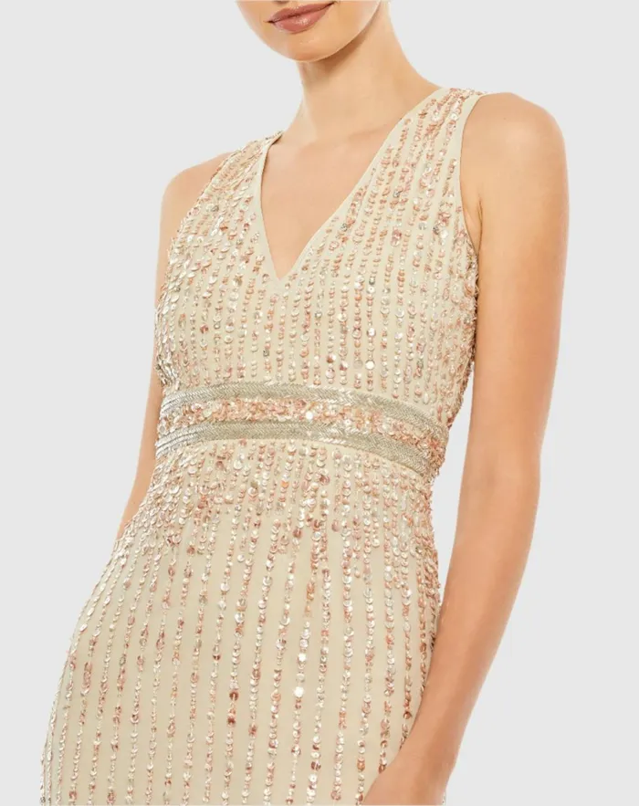 Women Cocktail Dresses Mac Duggal Sequined Sleeveless VNeck Midi Sheath Dress Nude