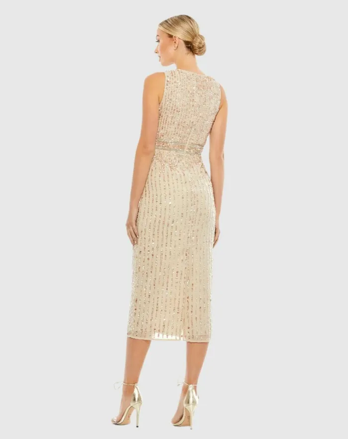 Women Cocktail Dresses Mac Duggal Sequined Sleeveless VNeck Midi Sheath Dress Nude