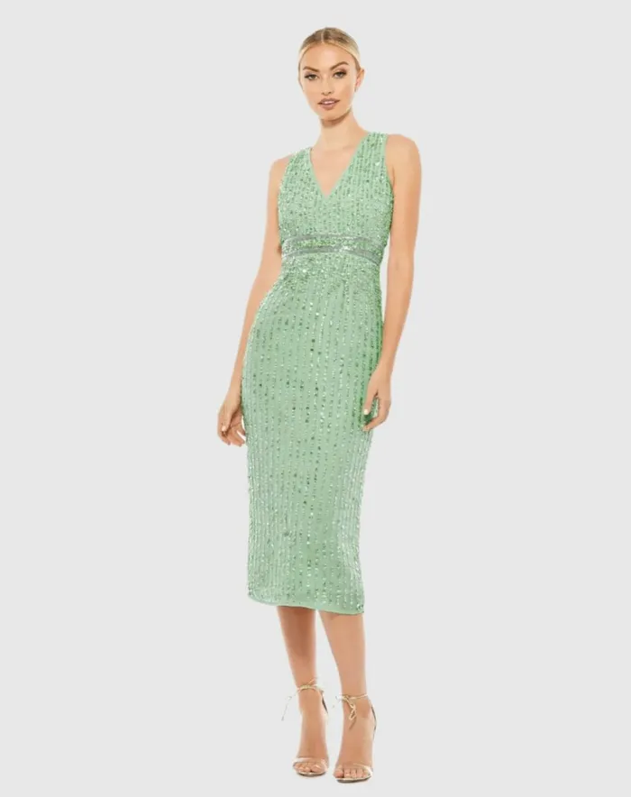 Women Cocktail Dresses Mac Duggal Sequined Sleeveless VNeck Midi Sheath Dress Nude