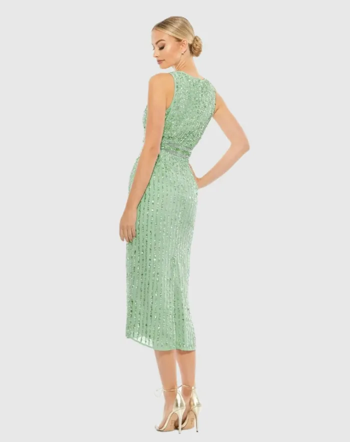 Women Cocktail Dresses Mac Duggal Sequined Sleeveless VNeck Midi Sheath Dress Nude