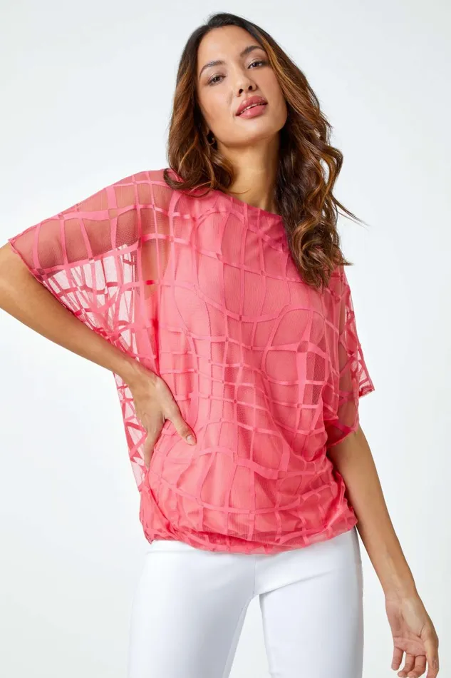 Women Coral Abstract Check Print Blouson Top Roman Tops