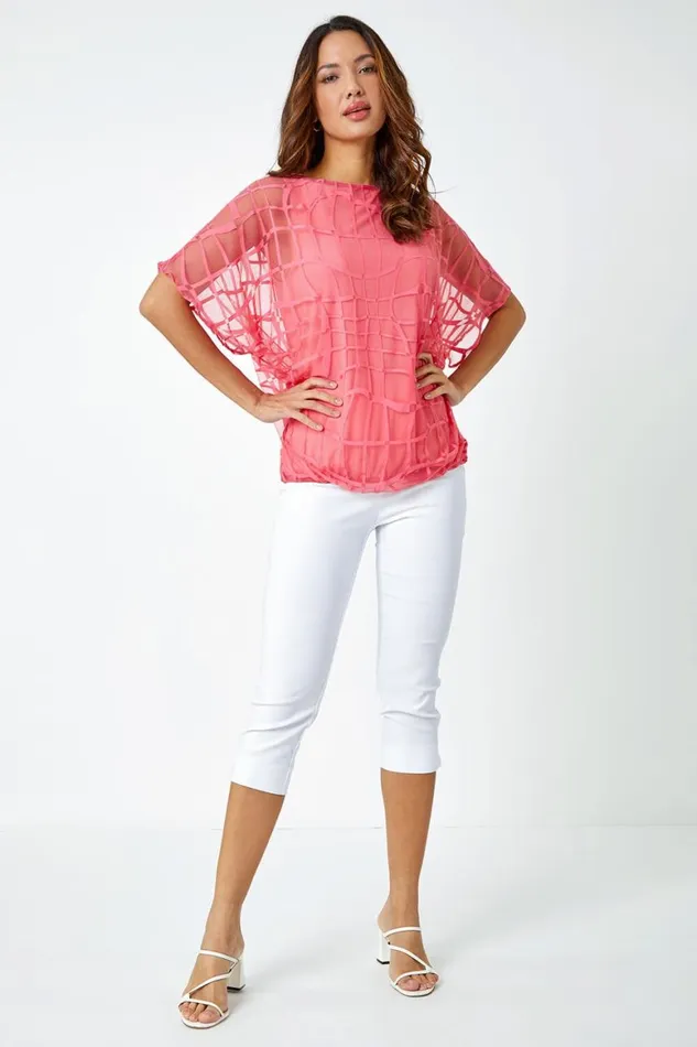 Women Coral Abstract Check Print Blouson Top Roman Tops