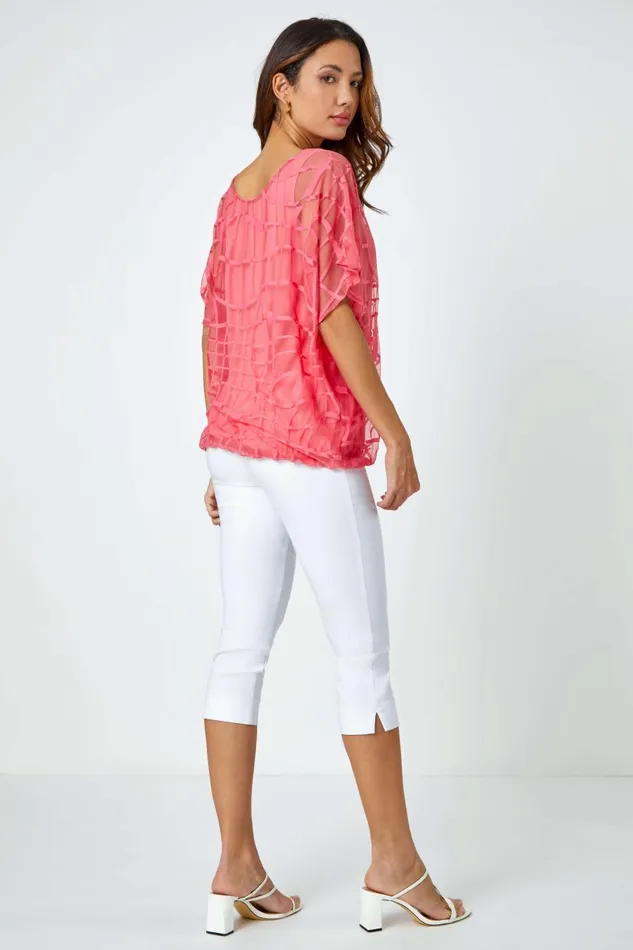 Women Coral Abstract Check Print Blouson Top Roman Tops