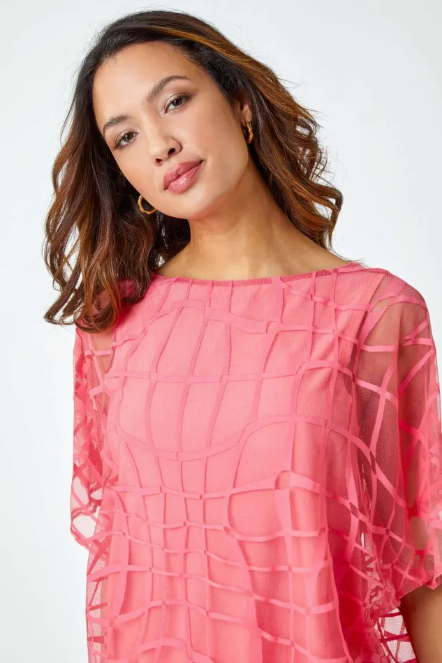 Women Coral Abstract Check Print Blouson Top Roman Tops