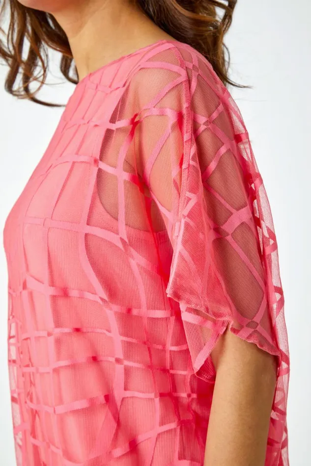 Women Coral Abstract Check Print Blouson Top Roman Tops