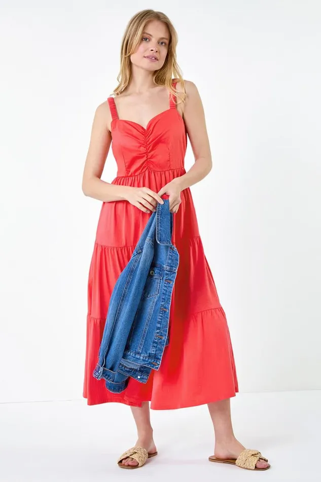 Women Coral Cotton Strappy Tiered Midi Dress Roman Dresses