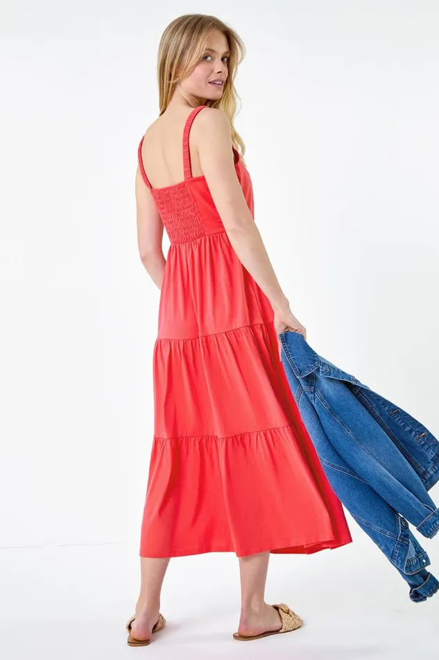 Women Coral Cotton Strappy Tiered Midi Dress Roman Dresses