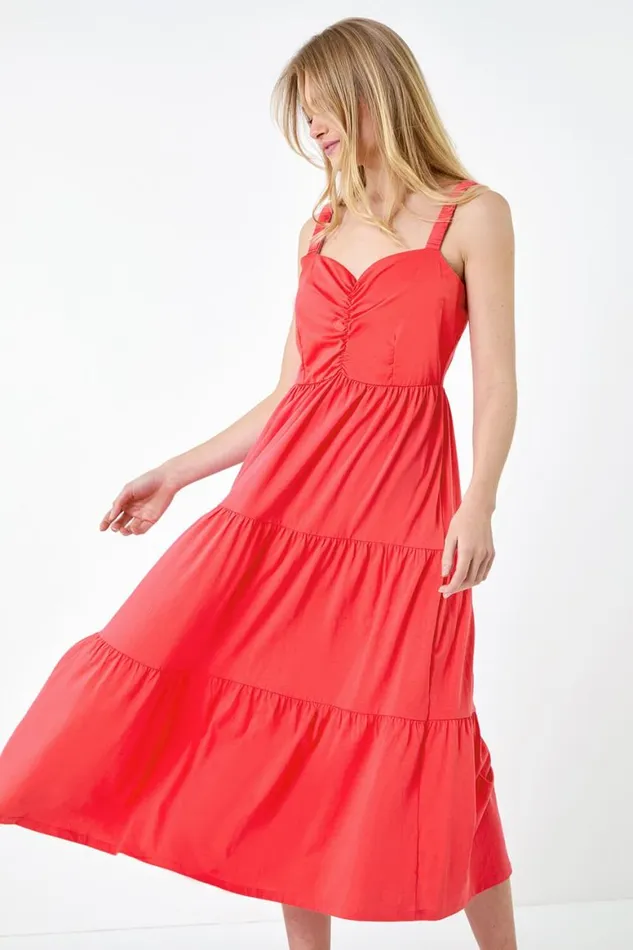Women Coral Cotton Strappy Tiered Midi Dress Roman Dresses