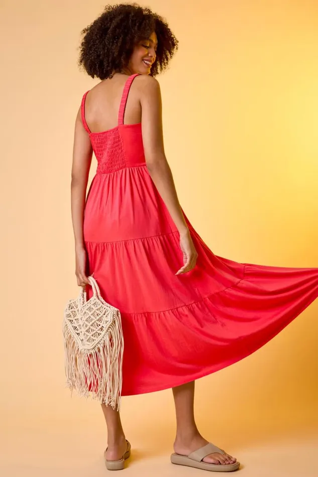 Women Coral Cotton Strappy Tiered Midi Dress Roman Dresses