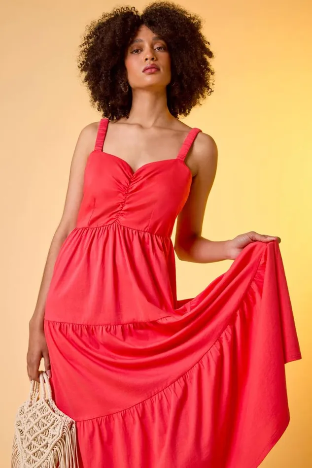 Women Coral Cotton Strappy Tiered Midi Dress Roman Dresses