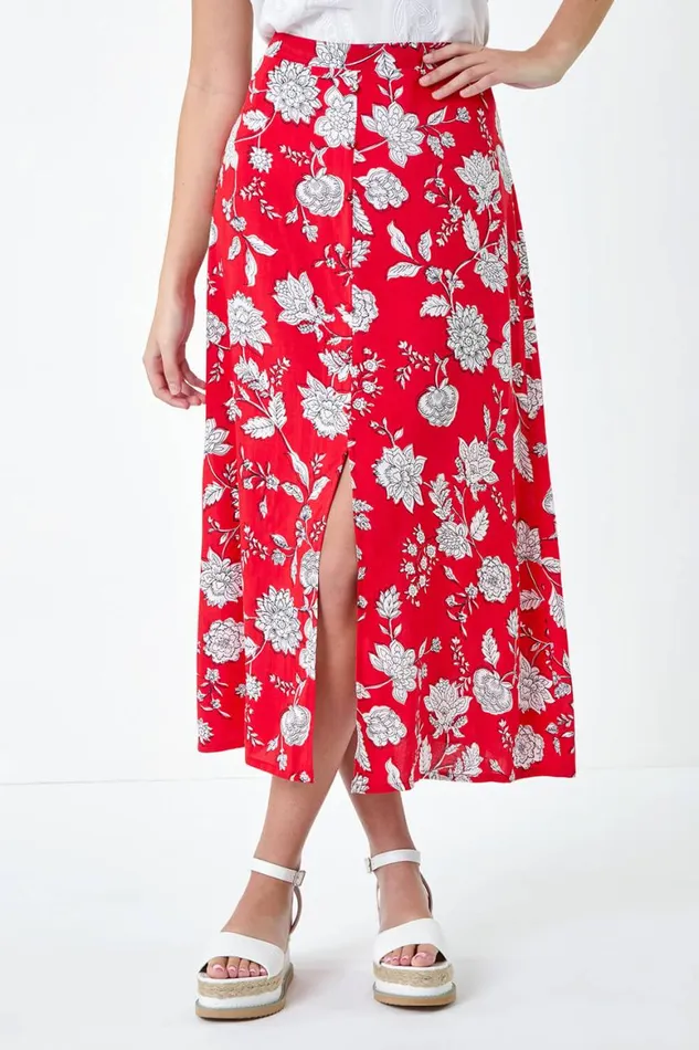 Women Coral Floral Button Detail A Line Midi Skirt Roman Skirts